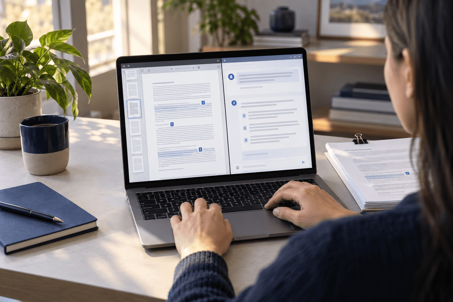 Knowledge worker using an AI chat panel beside a PDF reader with page citations
