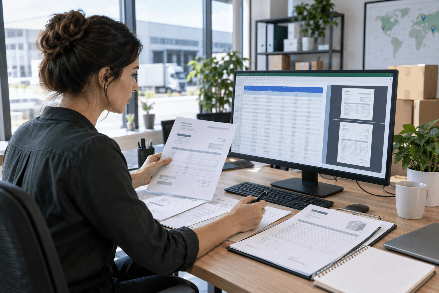 Chuyên viên vận hành đối chiếu hóa đơn giấy với bảng Excel trên màn hình