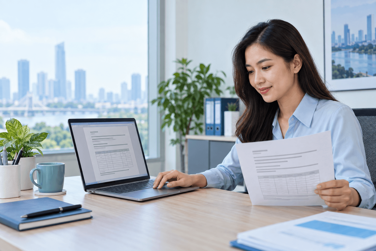 Office professional comparing a printed PDF with an editable document on a laptop